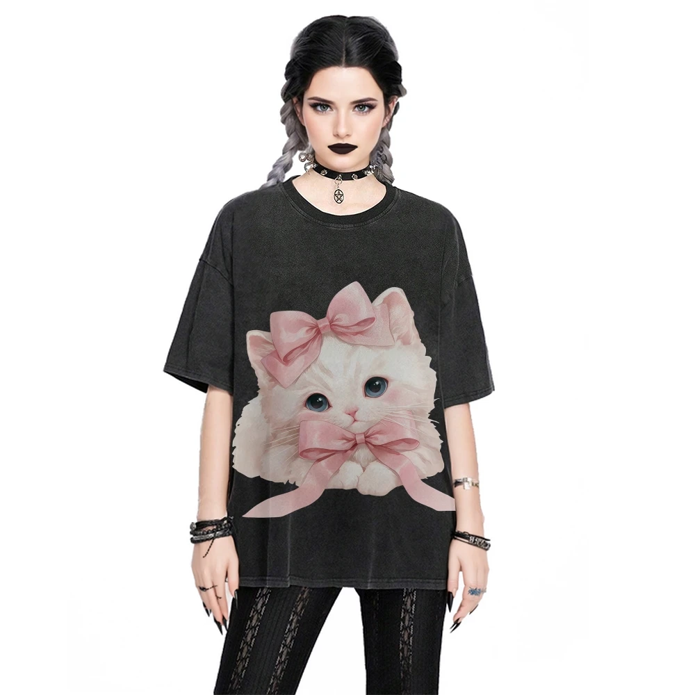 

Graphic T-Shirt Cat Bow Tee Premium Cotton, High - Quality Oversize Washed Tee. Cute Cat With Pink Bows, Adorable Y2K Style