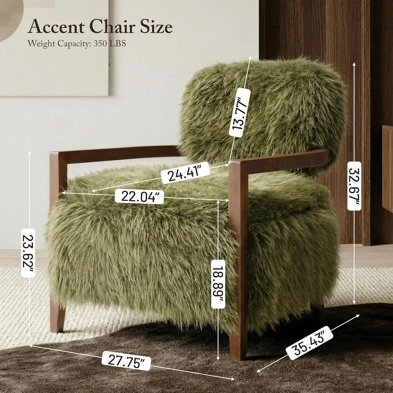 Faux Fur Accent Chair, Long-Haired Sofa with Walnut Wood Arm, Fluffy Living Room Seating, No Assembly, Green, Customized