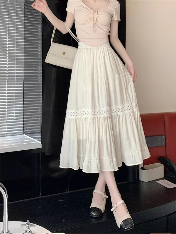 Beige A-Line Midi Skirt Women's Korean Style High Waist Polyester Fiber Half-length Skirt Summer New Arrival Commute Wear