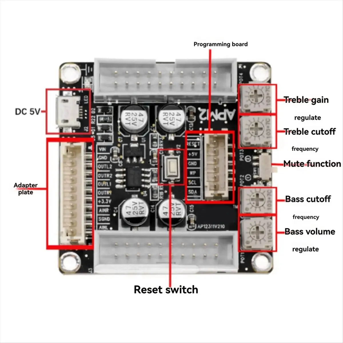 Hot Sale ADAU1701 Audio Preamplifier Processor Board 2.1 Channel Volume Control 2-Way Frequency Adjustment Interface Board