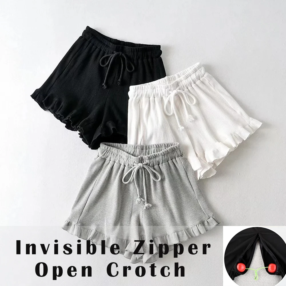 Invisible Zipper Open Crotch Ruffles Casual Shorts Fashion Summer Waffle Women Bottoms