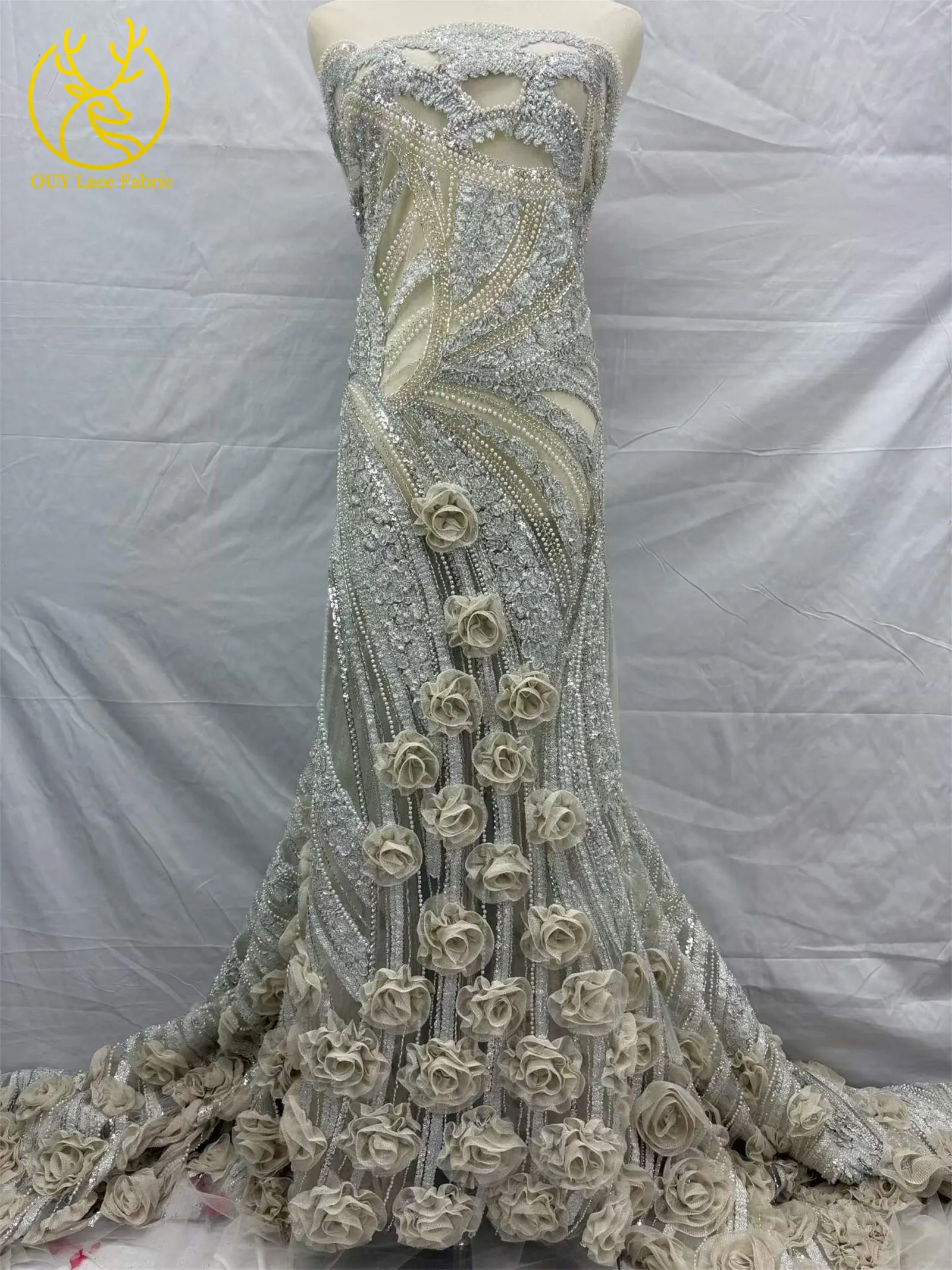 Eleganter 3D-Blumen-Französischer Perlen-Pailletten-Spitzenstoff 2026 Hochwertiger Afrikanischer Spitzenstoff Nigerianisches Hochzeitskleid Nähzubehör – Detail 8