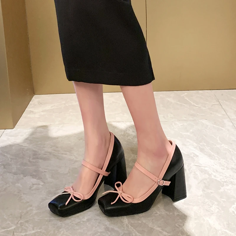 Autumn Square Toe Fashionable and Elegant Mary Jane Shoes with Bow Decoration Thick Heel Comfortable Sexy Party Shoes for Women