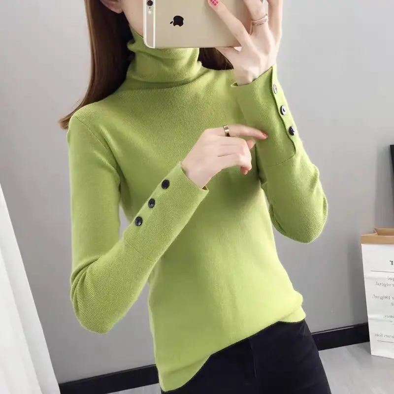 Autumn Winter Women\'s Clothing Solid Color Turtleneck Pullover Sweater Knitted Button Long Sleeve Casual Office Lady Tops