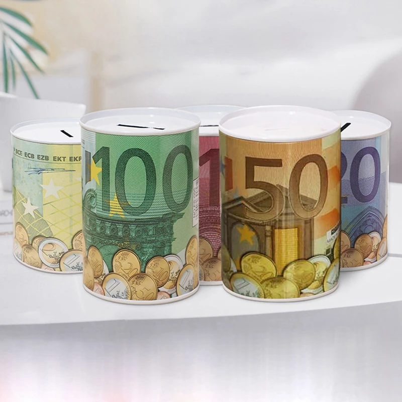 Tinplate Cylinder Piggy Bank Euro Dollar Picture Box Household Saving Money Box Home Decoration Money Boxes