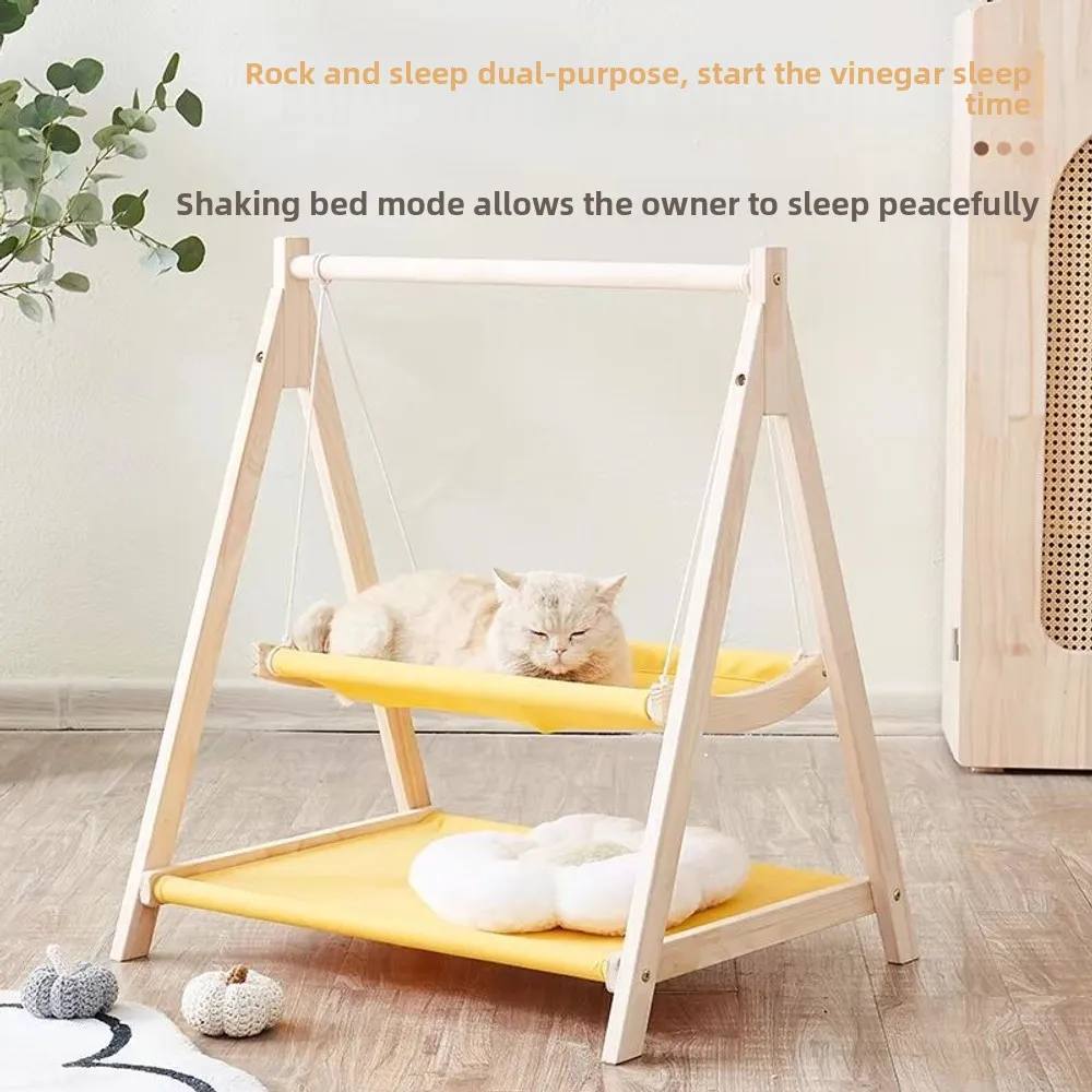 2-in-1 Wooden Cat Swing Bed Double Layer Cat Hammock Bed Detachable Rocking Cat Sleeping Bed Stable Stand Kitten Lounge Cushion