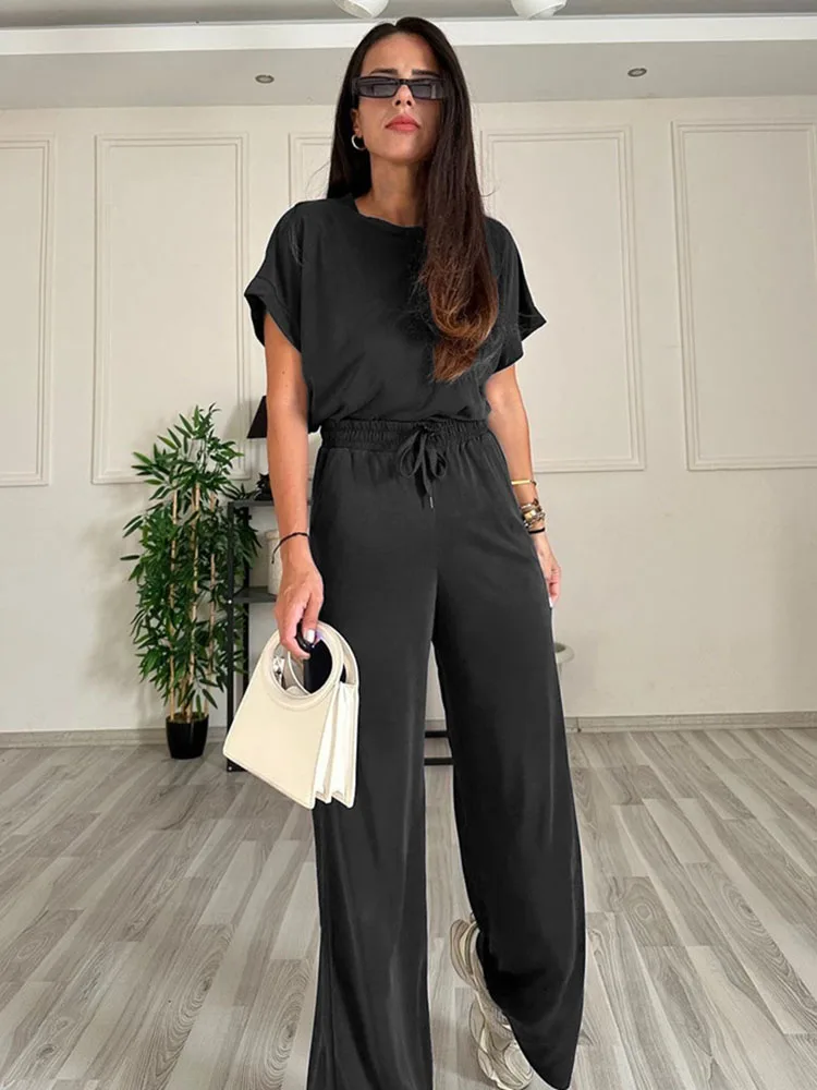 Solid Homewear Sets O Neck Short Sleeve T Shirt Women\'s Suit Simple Lace-up High Waist Casual Sports Pants 2-piece Set Female