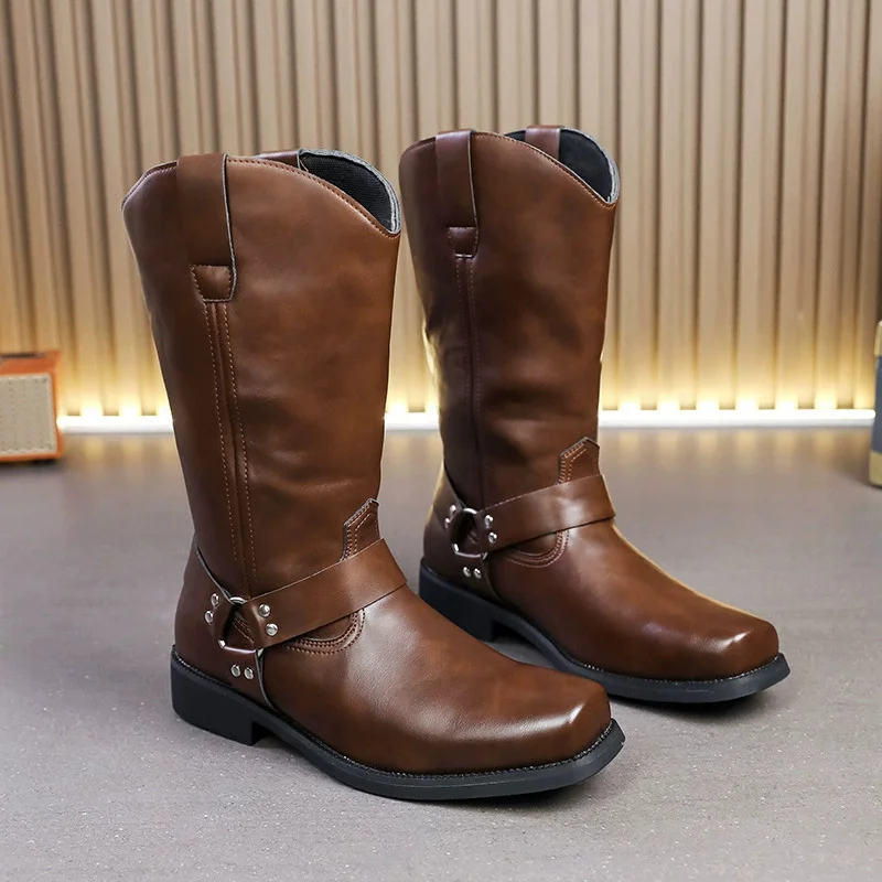 Men's Leather Western Biker Boots Square-Toe Mid-Calf Booties with Studded Harness Side Zipper Block Heel Footwear for Street