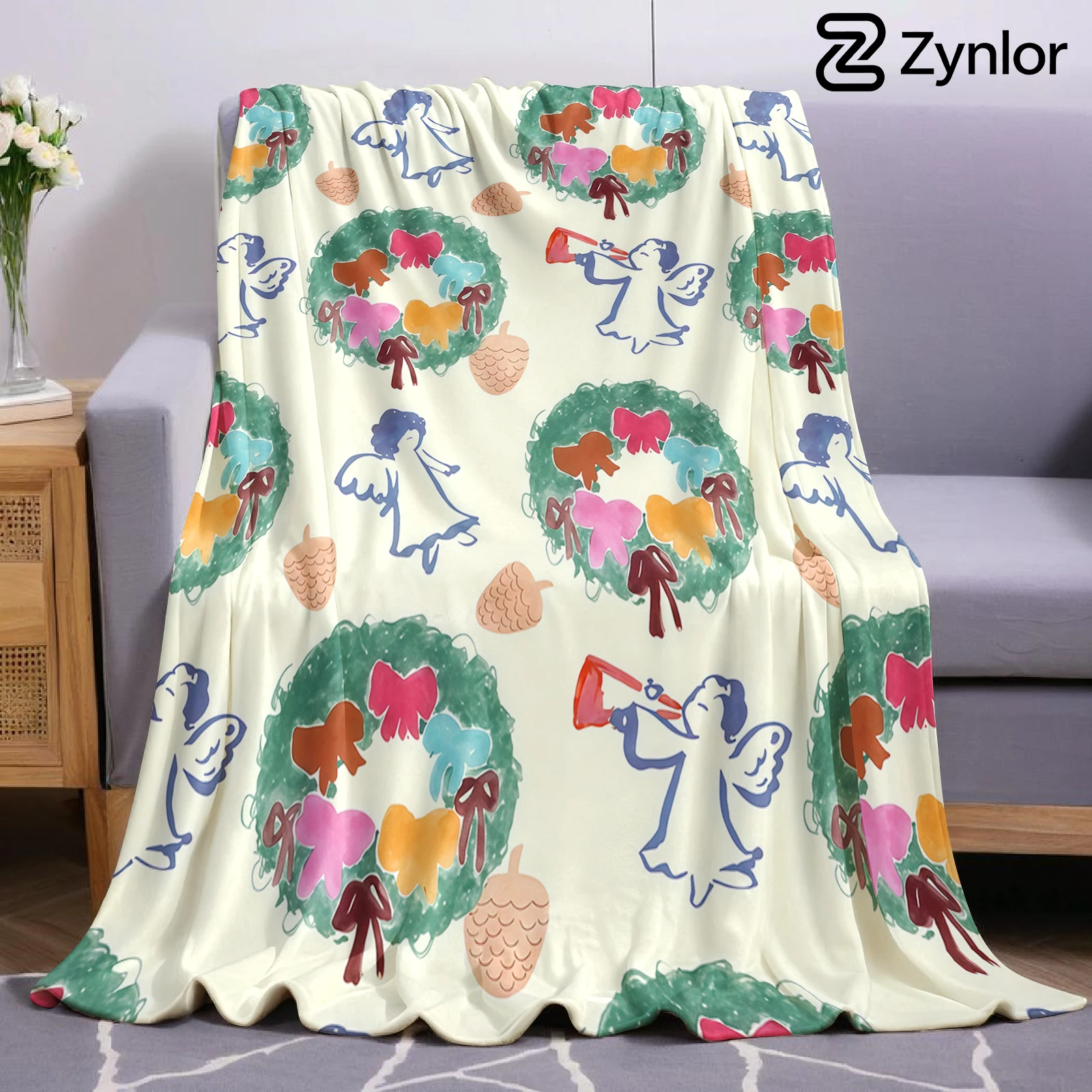Christmas Wreath Angel Christmas Fleece Throw Blanket Soft Warm Cozy Xmas Home Decor for Bed Sofa Couch Holiday Present