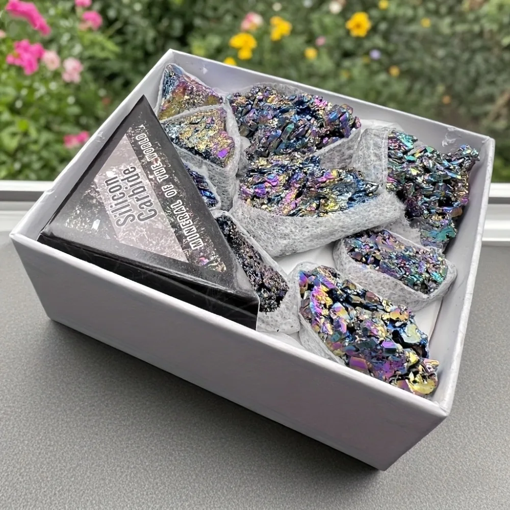 1 Box Natural Stone Silicon Carbide Aura Raw Box Set Electroplated Colorful Irregular Rock Mineral Educational Display Gifts