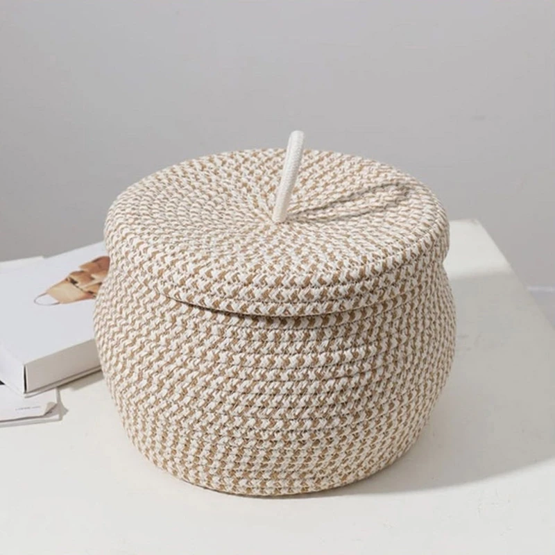 Storage Basket with Lid Key Laundry Round Little Baskets Shelves Woven Cotton Rope Indoor Pots Plant Decor Dropship