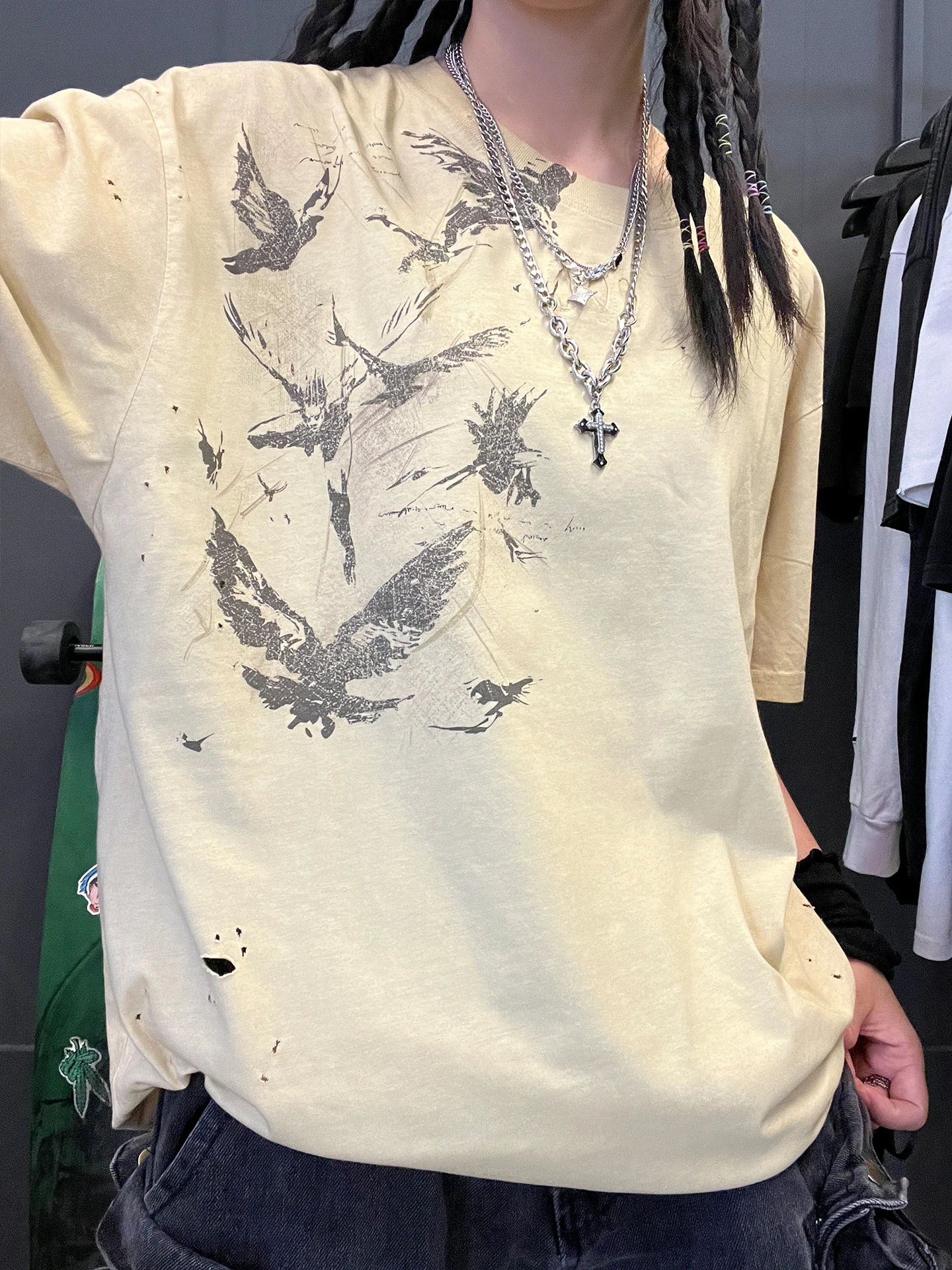 Wang Studio 180G Hole! Subculture Despair Vegetarian Vintage High Street Short Sleeve T-Shirt Fashionable Summer Clothing