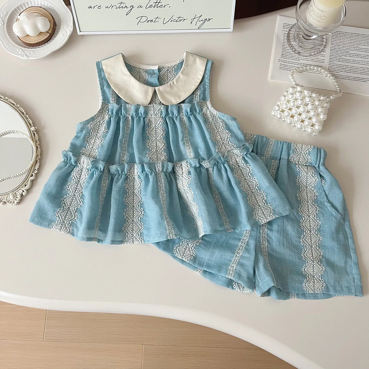2025 New Korean Children's Summer Sets Sleeveless Lace Kids Girl Clothing Short Style Daily Suits Girls Casual Dress Up Outfits