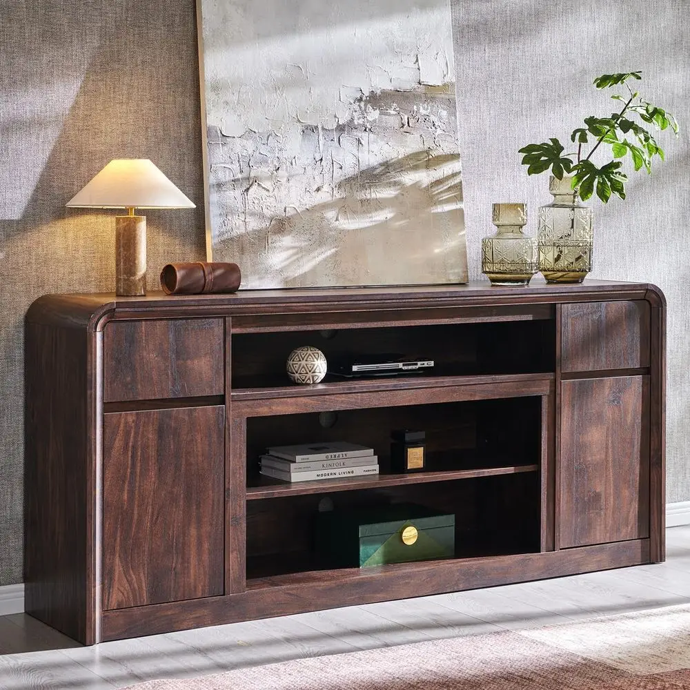 

70 Curved Profile TV Stand with Storage, Soundbar, and Adjustable Shelves for Living Room
