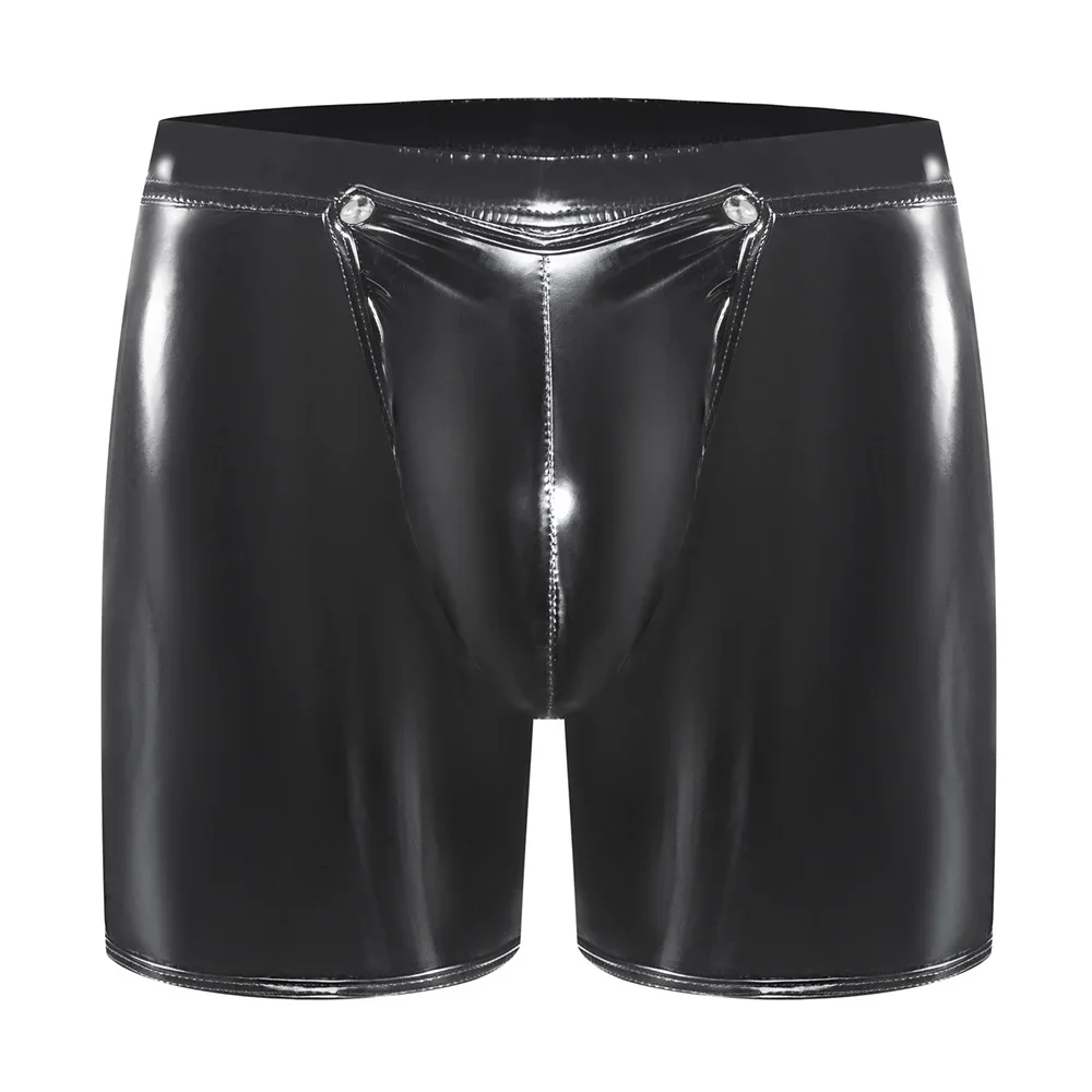 

Men Sexy Open Crotch Leather Boxers Shorts Casual Leather Boxer for Sex Male PVC Leather Shorts Crotchless Bulge Pouch Underwear