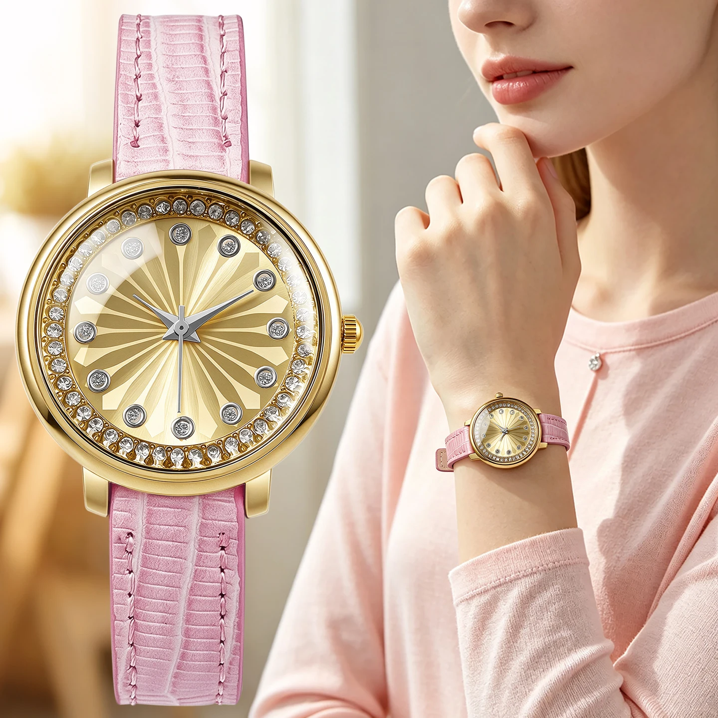 Luxury Round Women Quartz Wristwatch Gold Alloy Case Rhinestone Inlaid Bezel Sunburst Dial PU Leather Strap Elegant Ladies Watch