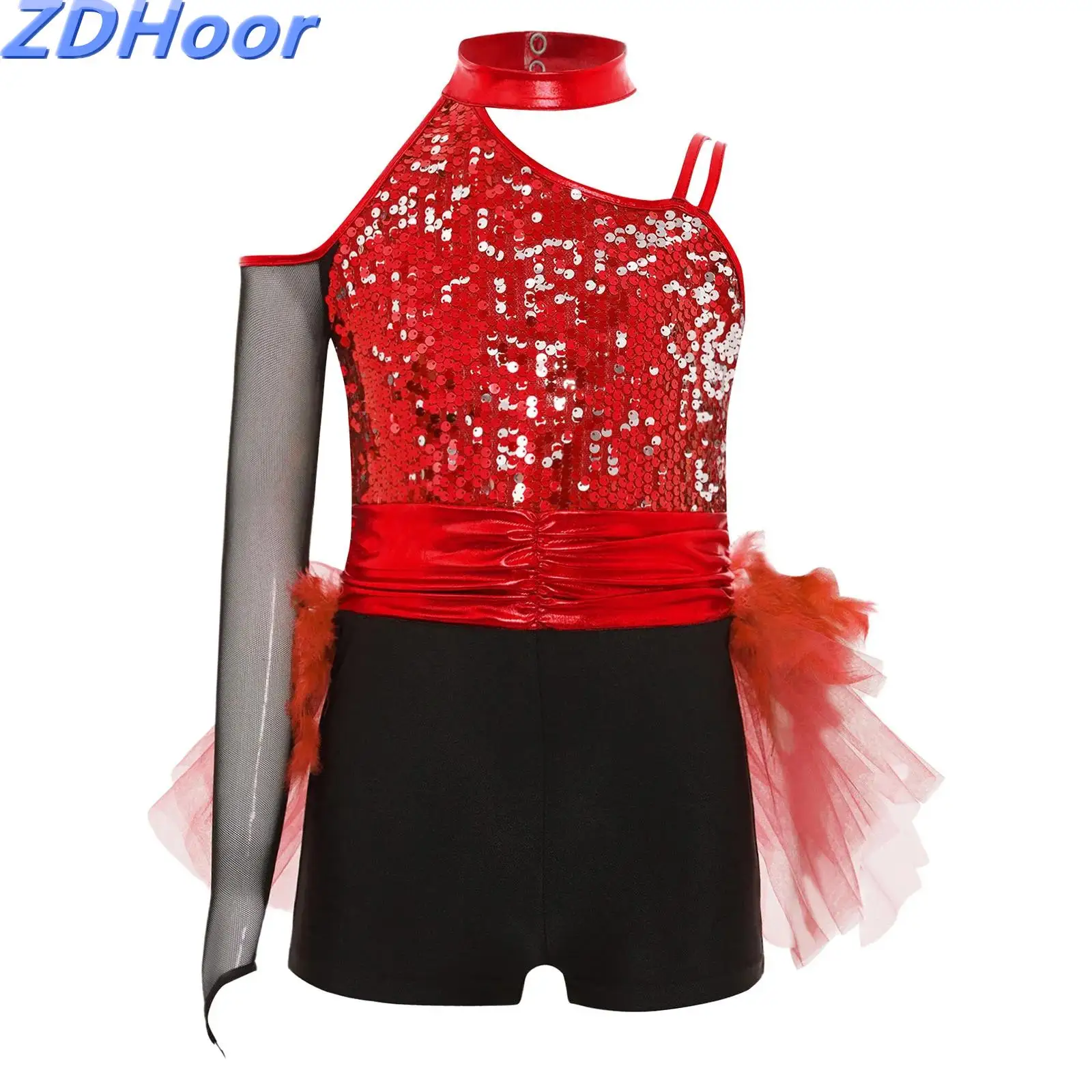 

Kids Girls Jazz Dance Leotard Sparkly Sequins Bodice Feather Skirted Leotard Ruched Waist Asymmetrical Color Block Jumpsuit