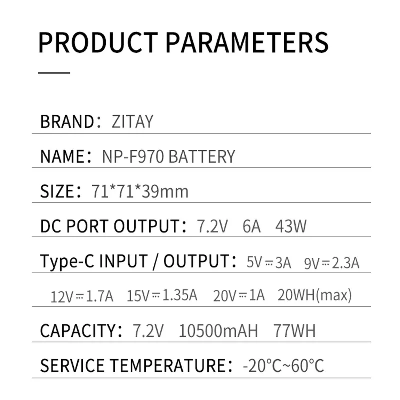 ZITAY NP-F970 Battery Set F980 F550 battery DC photography light fill light monitor camera live streaming Type-C