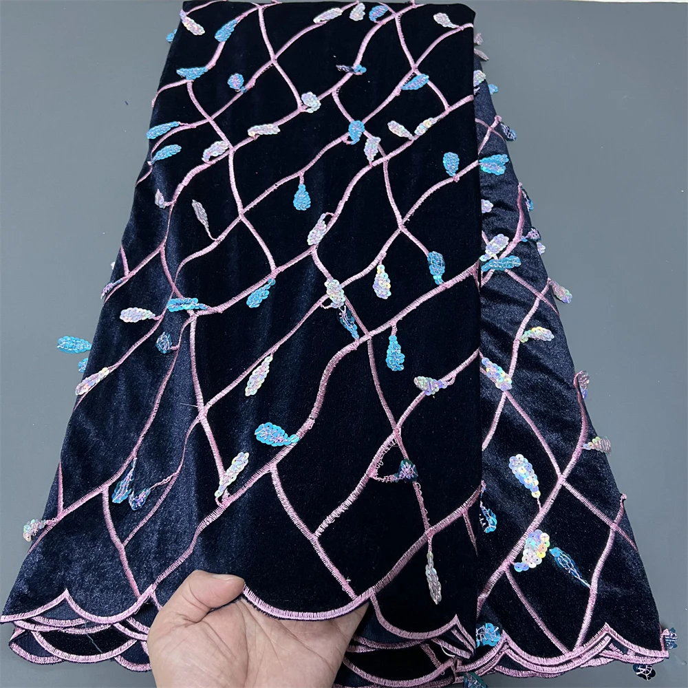 

2025HighQuality African Nigerian velvet lace fabric Sequins Beads Guipure Sewing Wedding Party Dress Bridal Gown Material 5yards