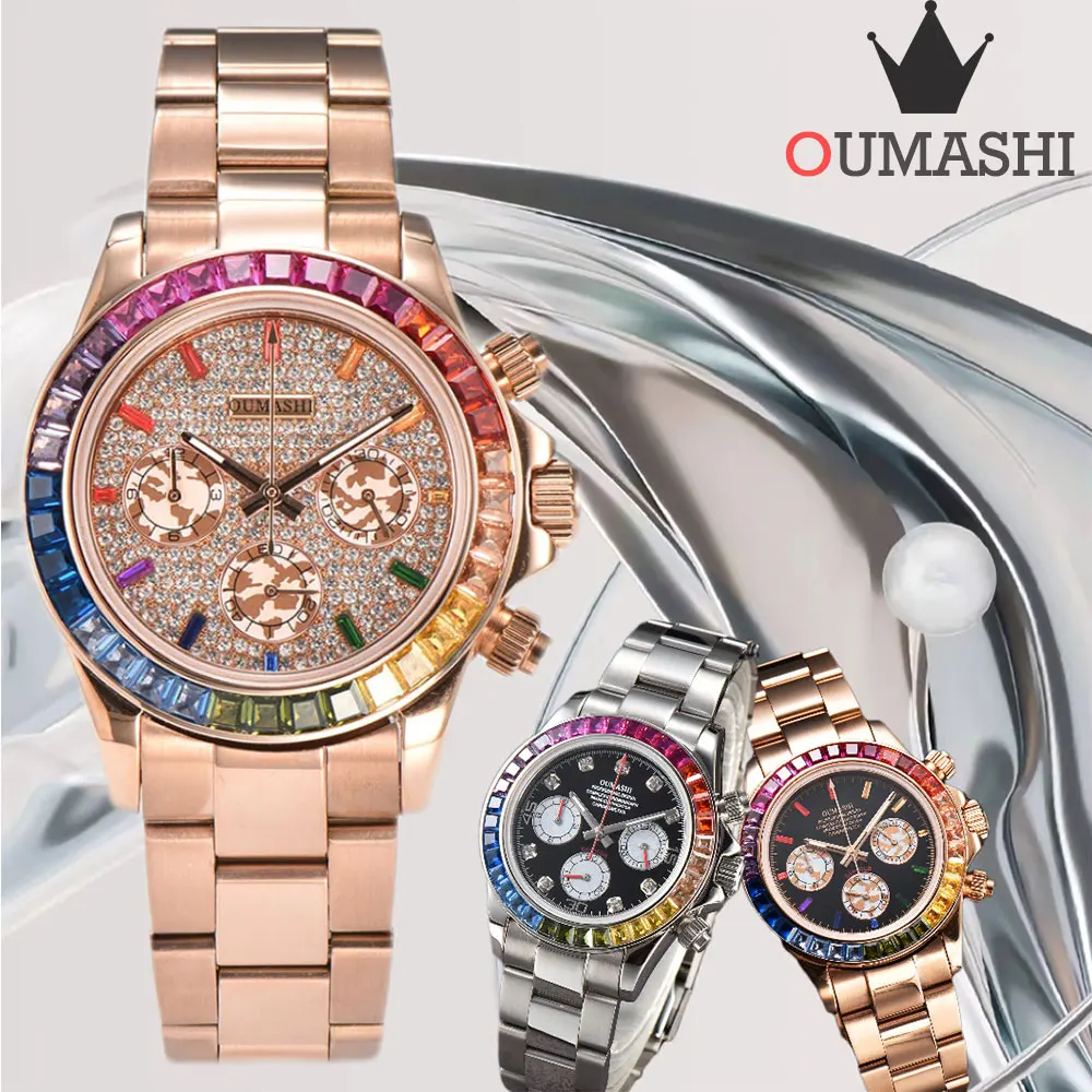 

Lmproved VK63 Colorful Diamond Gem OUMASHI-DTN Series Advanced Men's Watch Business Three Eye Quartz Watch Sapphire 316 Steel