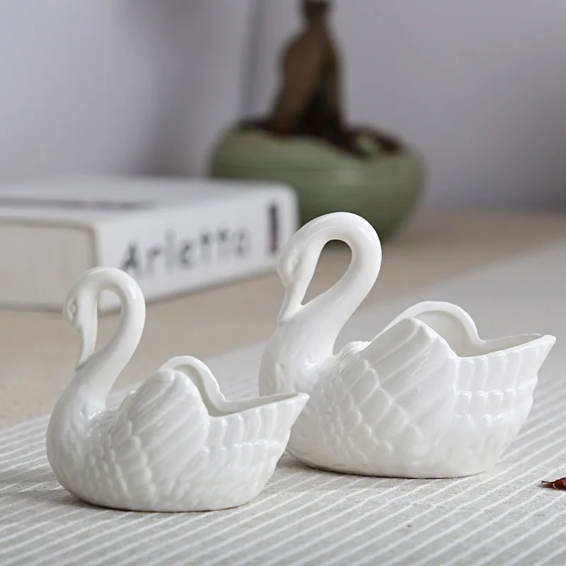 Ceramic Swan Ornaments Decoration Desktop Storage Box Tealight Candles Holder Flower Pot Home Decor Furnishings