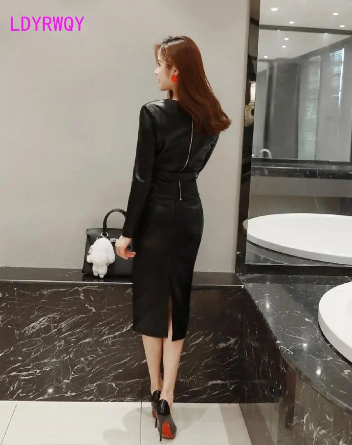 Leather skirt temperament bag hip two-piece autumn and winter new pu leather high waist suit skirt S-4XL