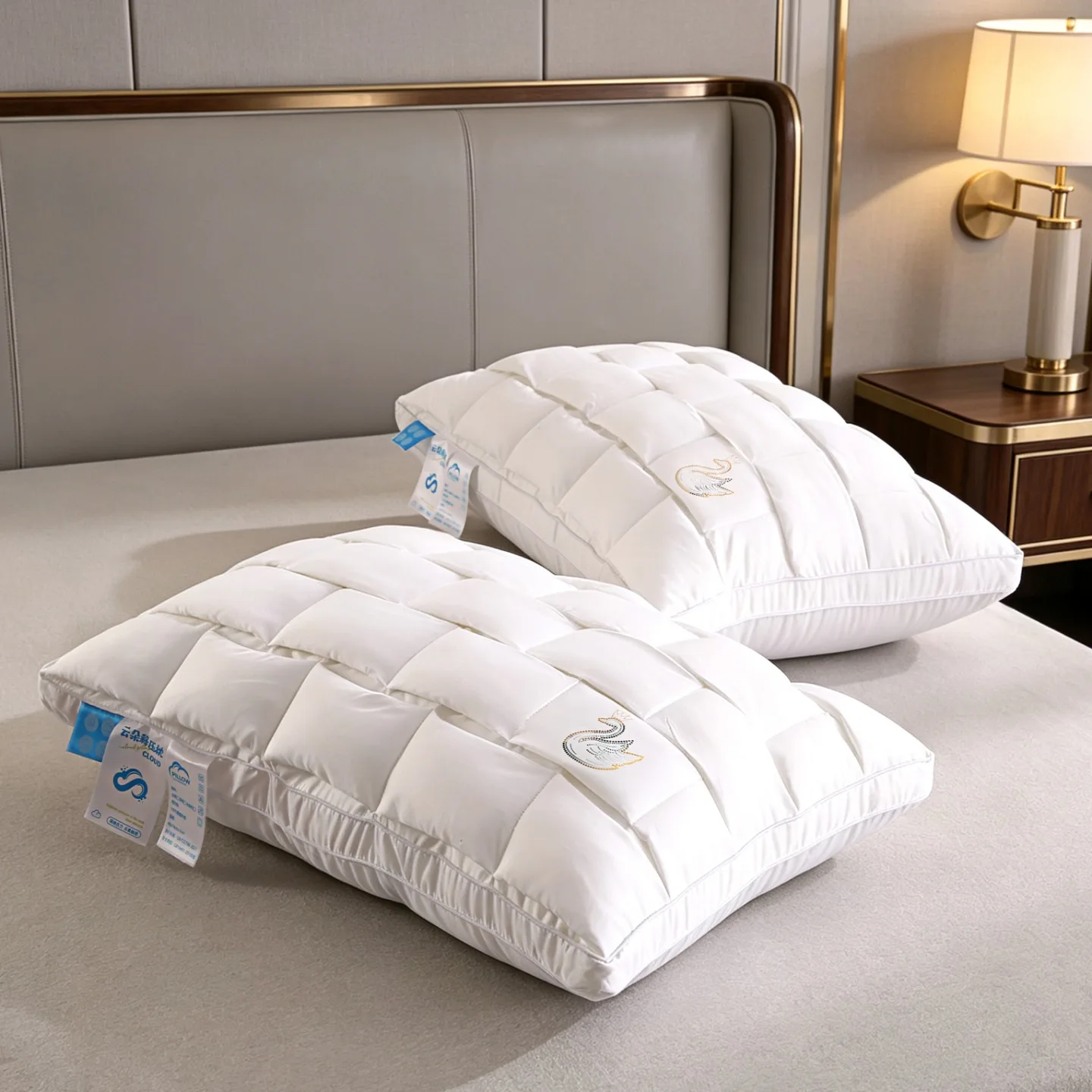 Oreiller de sommeil hôtelier à pression cloud, à garnissage réglable, avec broderie cygne en cristal et points de couture quadrillés, 48×74cm