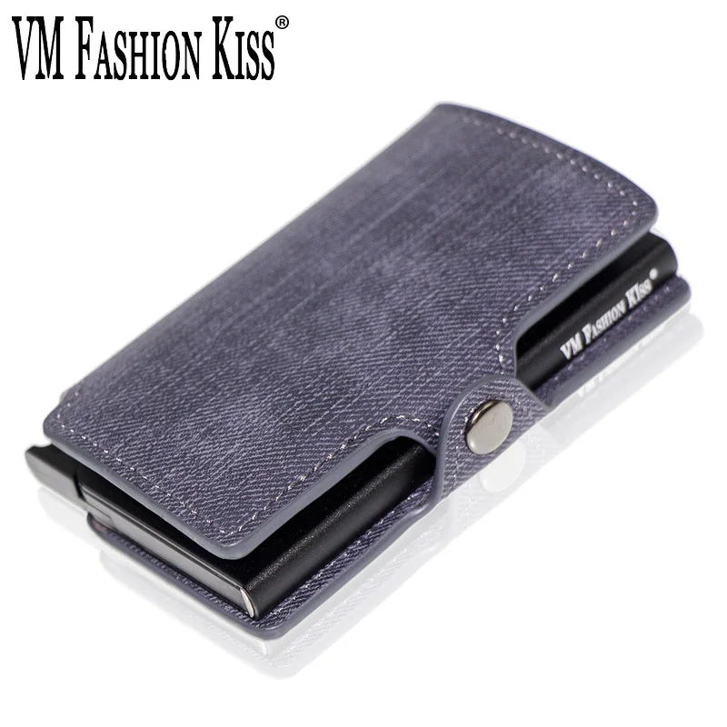 

VM FASHION KISS Automatically push card men Wallet pu Leather Rfid Blocking Credit Metal Purse Busienss Case Pocket Card Holder