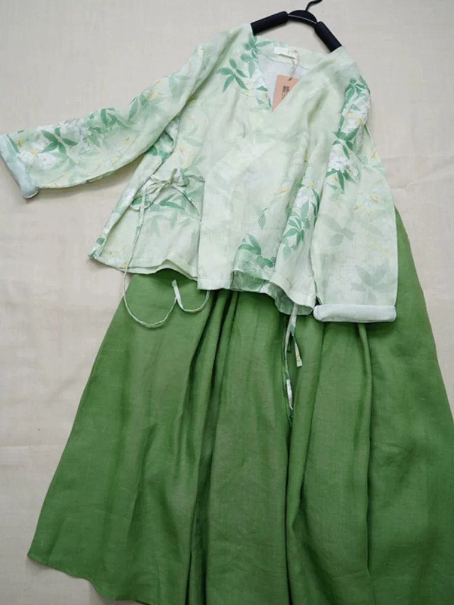 New Chinese Sle Donna Hanfu irt Top e gonna f Set in due pezzi Estate lunga Sve V-Ne Vita alta Pendolarismo Sle