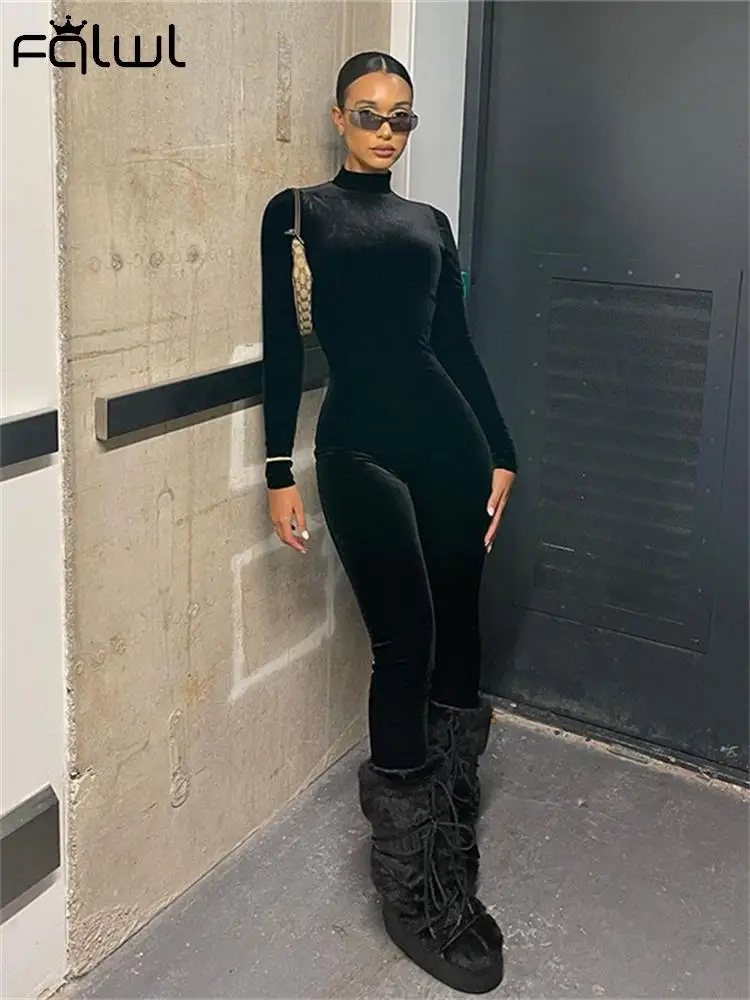 

Habbris Black Turtleneck Bodycon Jumpsuit Evening Party Club Outfits For Women 2023 Fall Long Sleeve Velvet High Waist Jumpsuits