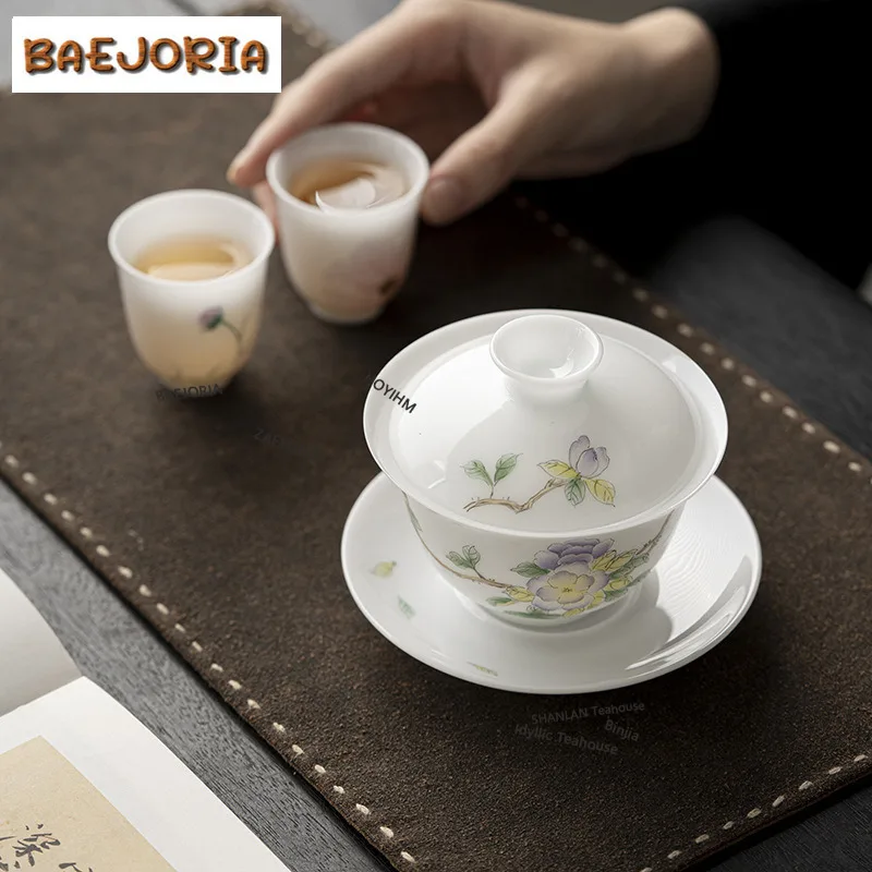 BAEJORIA 135ml Hand-painted Daffodil Gaiwan Japanese White Jade Clay Porcelain Tea Tureen Tea Maker Cover Bowl Drinkware Gift