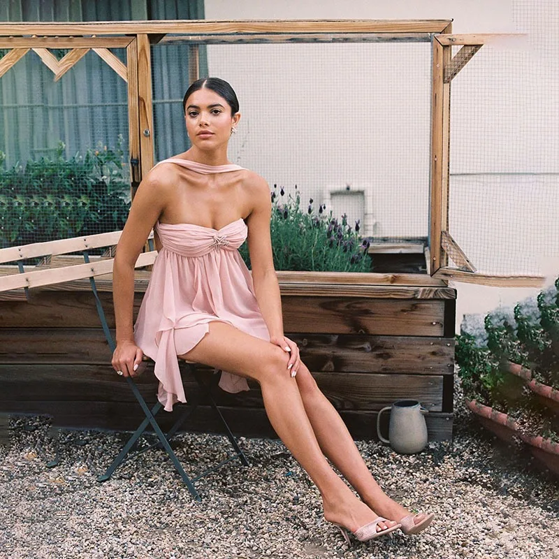 

evening dresses, 2025 summer new women's clothing, hanging neck and exposed back irregular skirt short dress for women