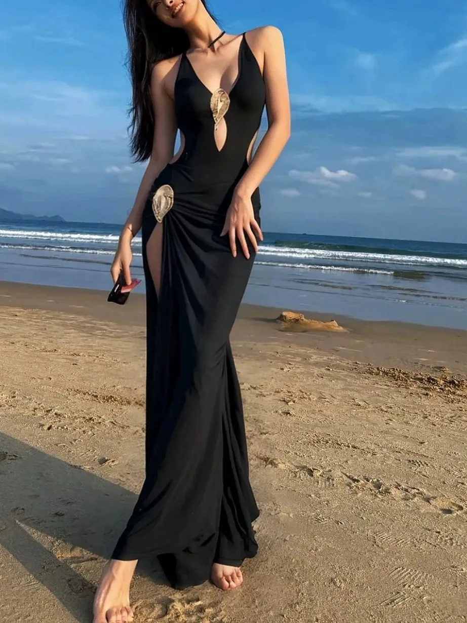 

Black Sexy Backless Swimsuit Beach Vacation Long Skirt Style Women's Swimming Costume mid Elasticity Nylon Fabric