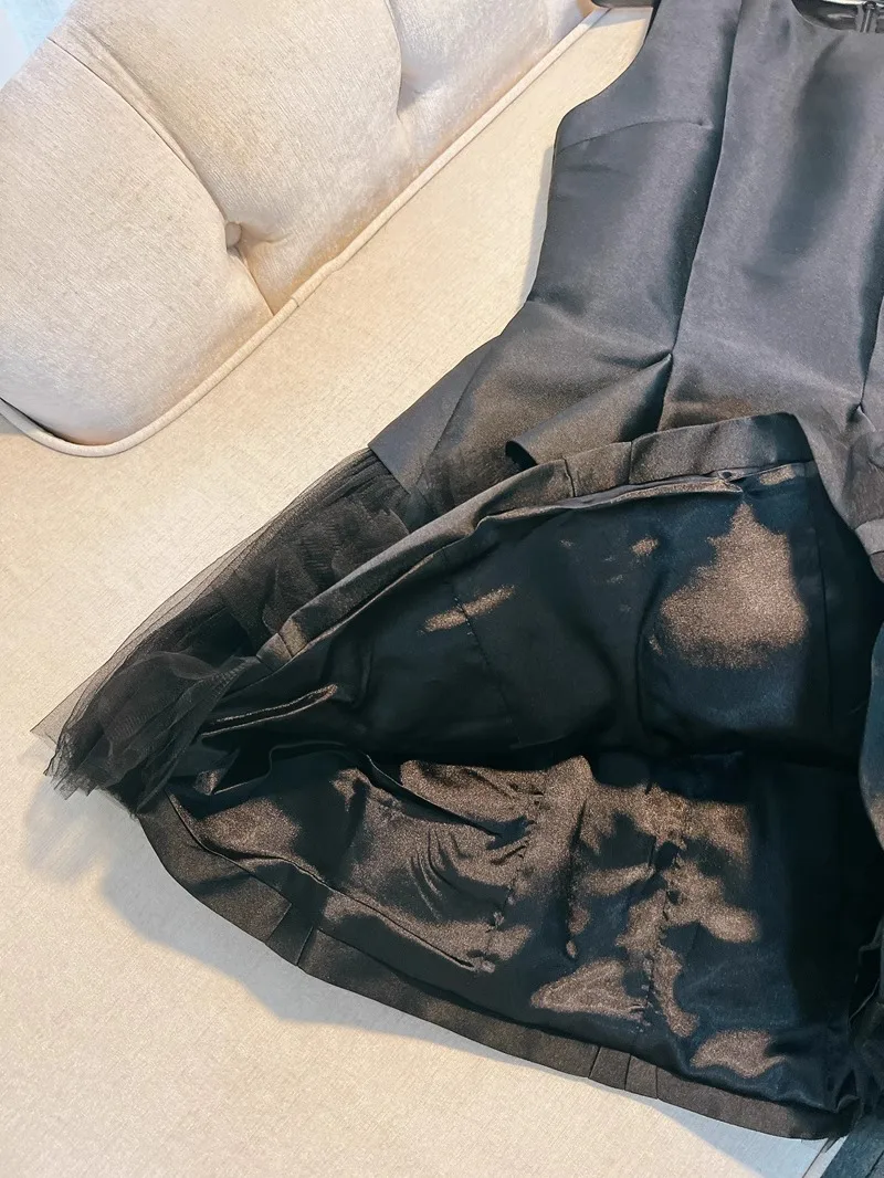 French Sle High Waist A-Line Skirt Dr Polyester S Satin Skin-Friendly Fabric Bla Bouffant Tulle ting Birthday Dr