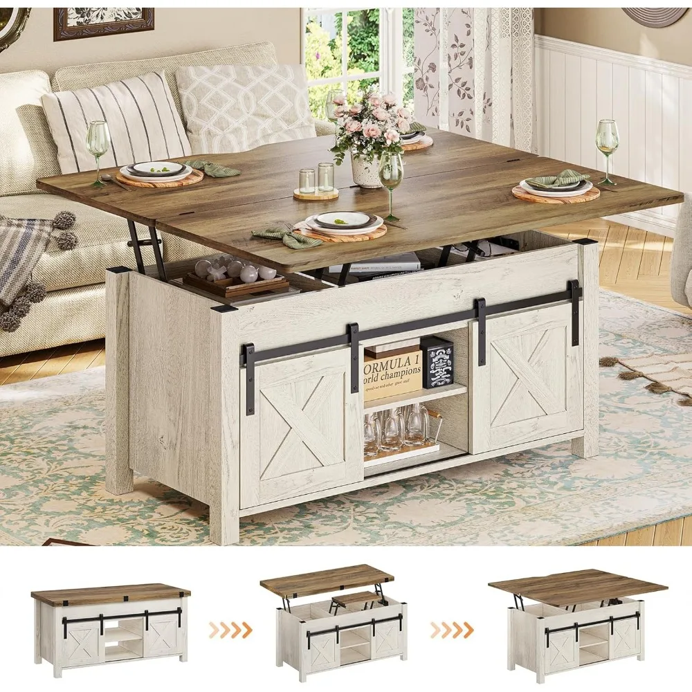 4in1 Multi-FunctionConvertible Coffee Tables withStorage and Hidden Compartment,Farmhouse Coffee Table Converts to Dining Table