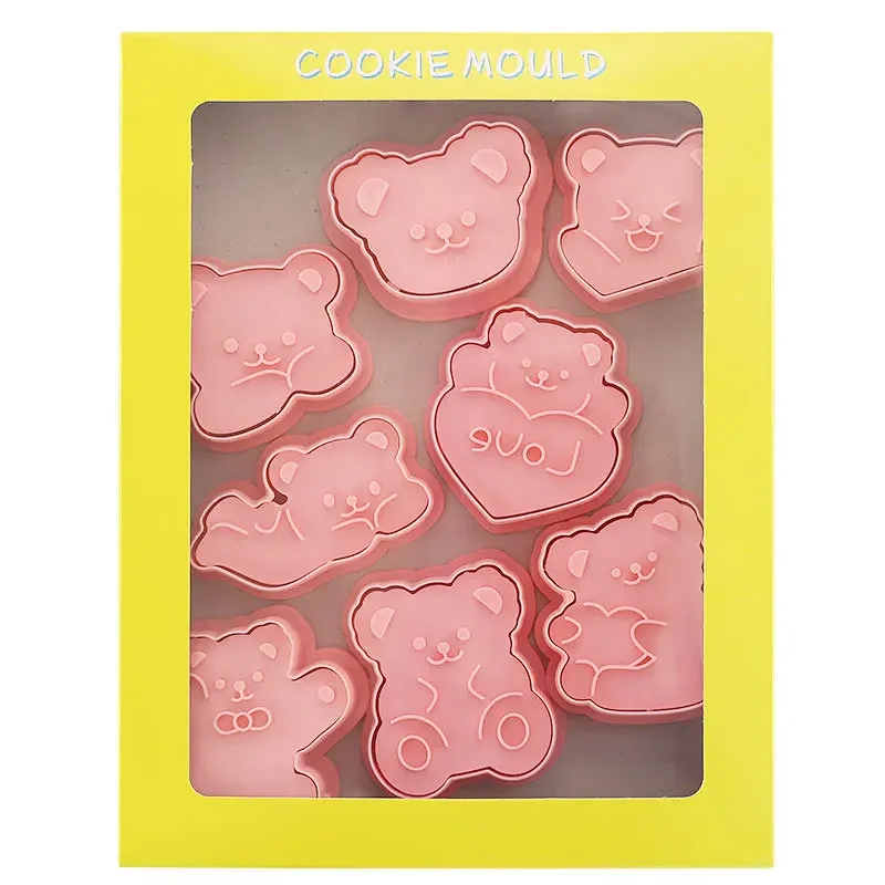 8Pcs/Set Cute Bear Shape Biscuit Mold Set Cookie Cutter Plunger Hand Pressure DIY Fondant Cake Decoration Tools Sugar Craft