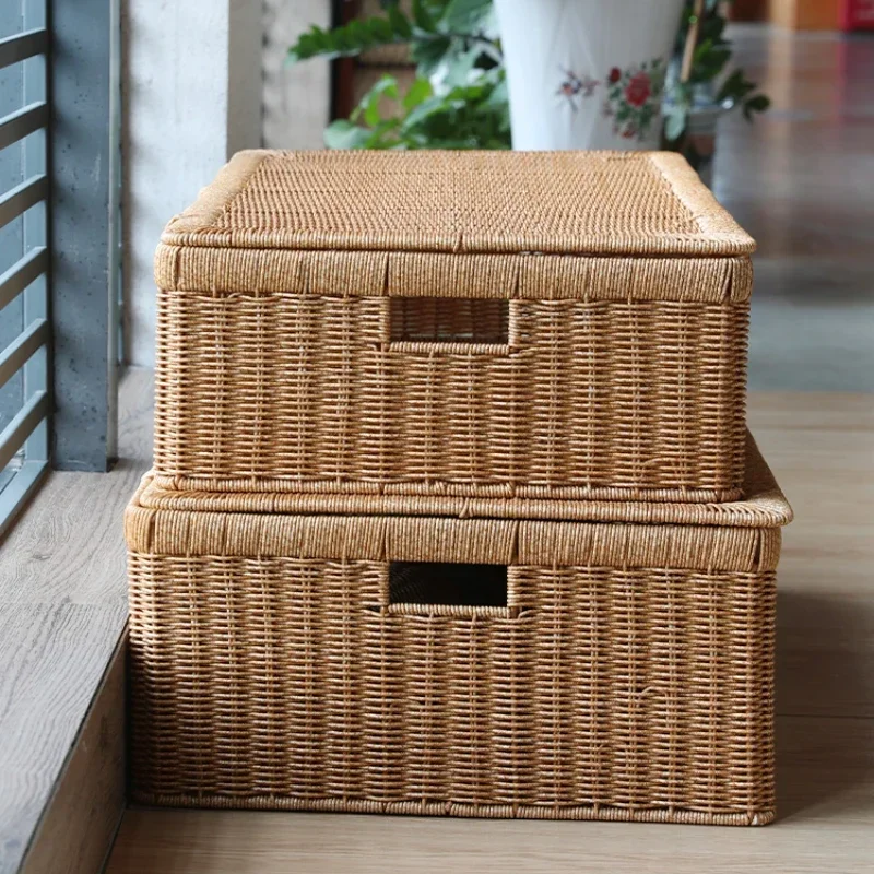 Imagem -04 - Caixas de Armazenamento de Imitação de Rattan Organizador de Roupas e Consolador com Tampa Cesta Plana para Armazenamento sob a Cama