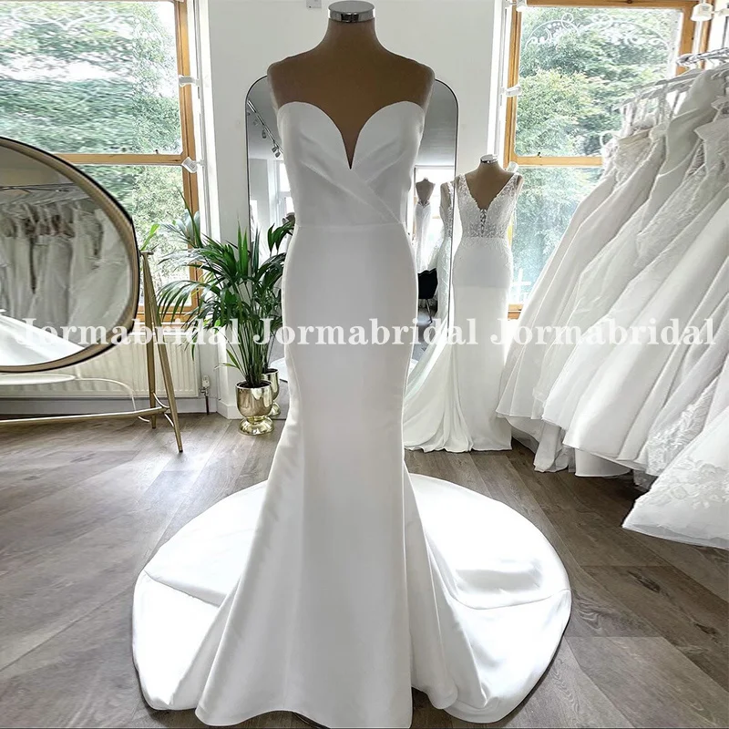 Plunging Sweetheart Neckline Mermaid Wedding Dress with Detachable Overlay Skirt Ivory Satin Country Bridal Gown Made to Measure