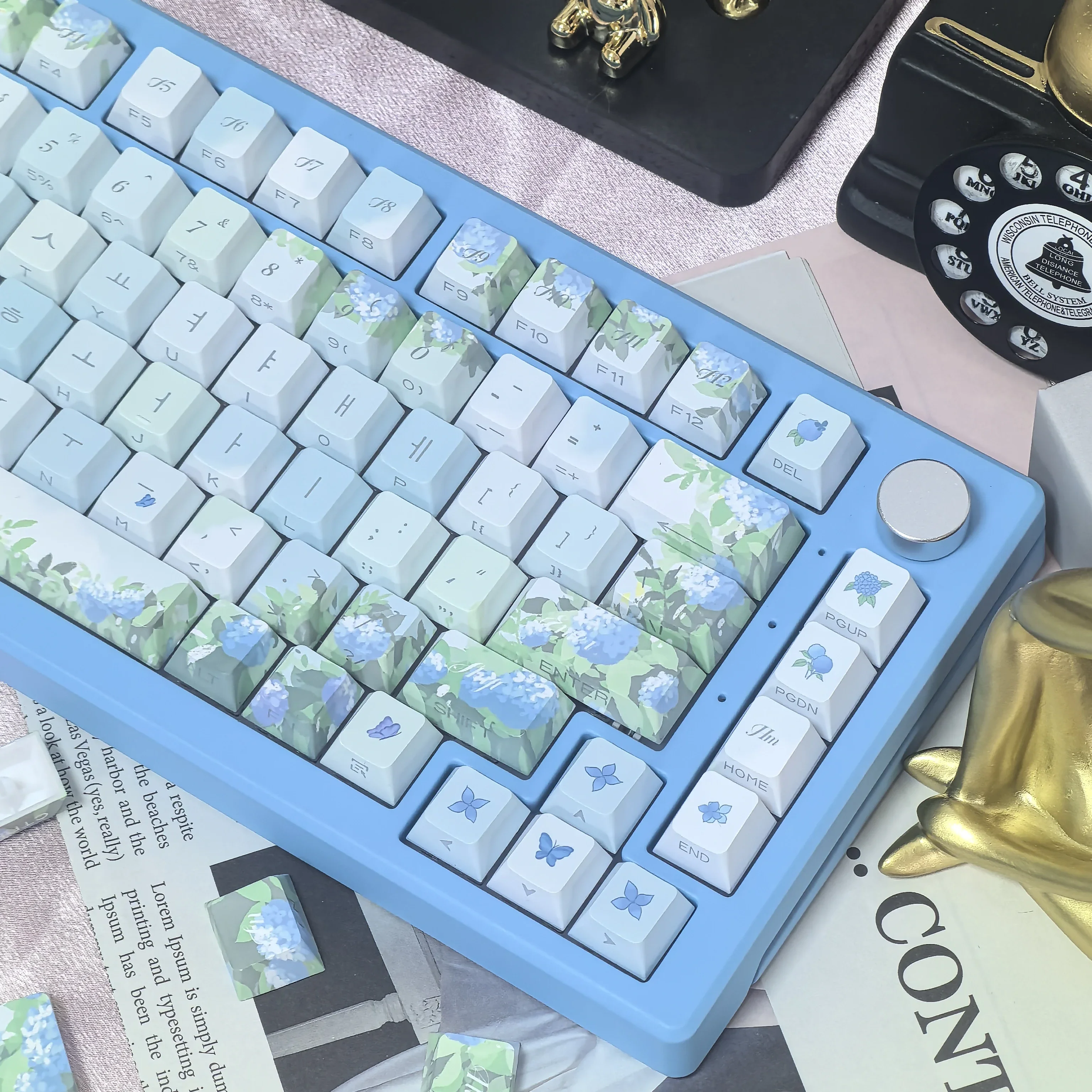 Imagem -04 - Elegante Azul Verde sem Fim Verão Hortênsia Cherry Side Gravado Keycap Teclado mx Flor de Planta kr Coreano 133 Chaves