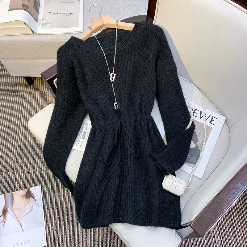

Французское вязаное платье-свитер для женщин 2024, осень/зима, новые однотонные базовые короткие платья на шнуровке, свободные платья с круглым вырезом и длинными рукавами