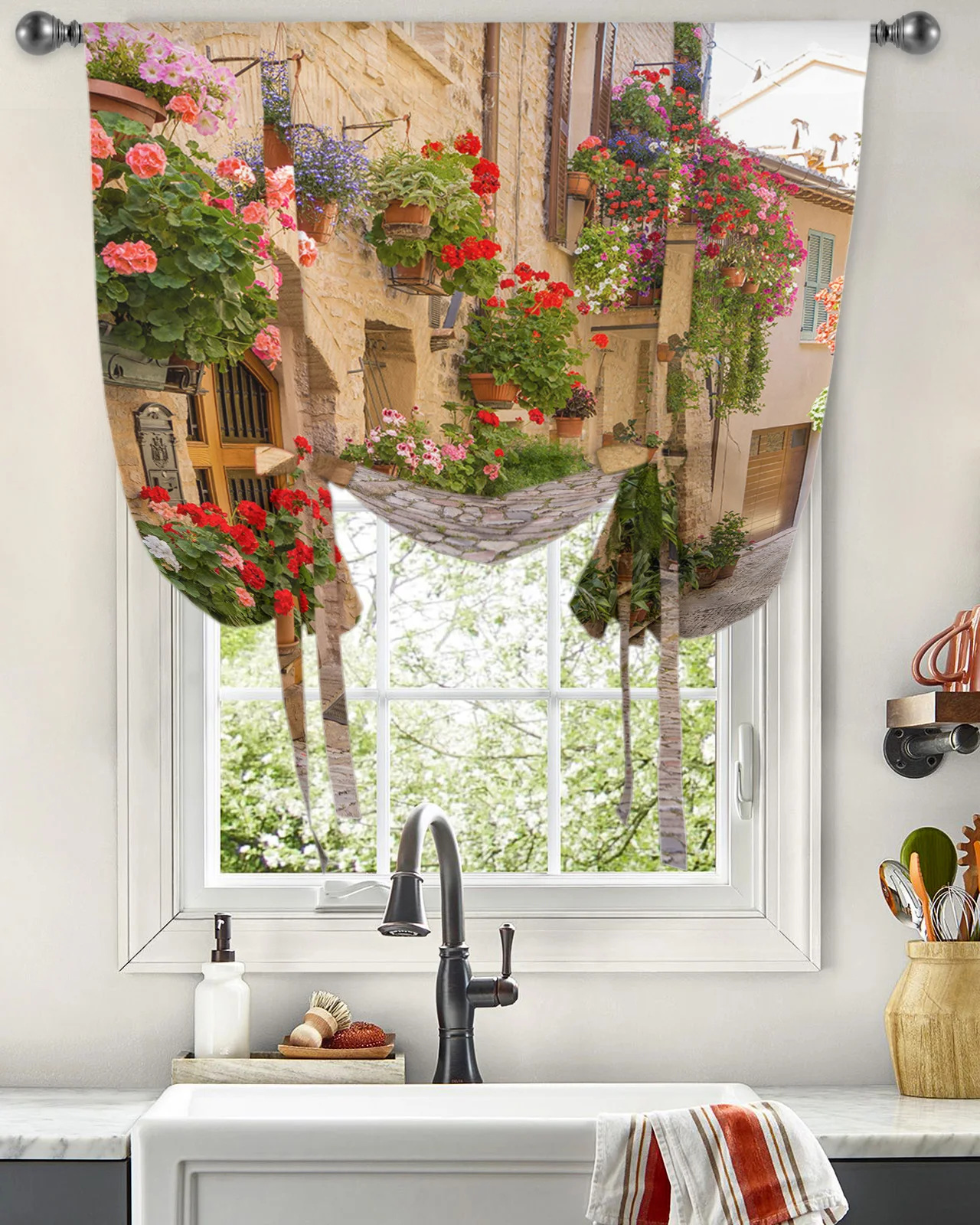 Spello Town Flower Street Window Curtain Tie Up Curtains for Kitchen Living Room Adjustable Rod Pocket Drapes