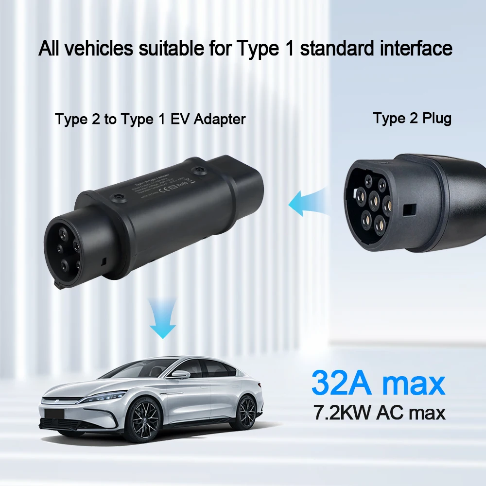 Kolanky 32A 7.2KW Type 2 To Type 1 EV Charging Adaptor Home Charger For Sae J1772 US Car Socket Charging