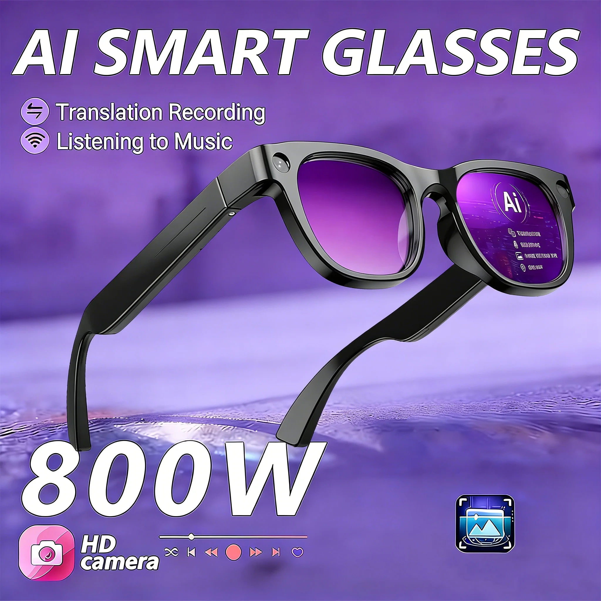 

Новые умные очки 2026 года с камерой 800W, AI, записью видео 1080P, синхронным переводом, звонками по Bluetooth, воспроизведением музыки и голосовой записью