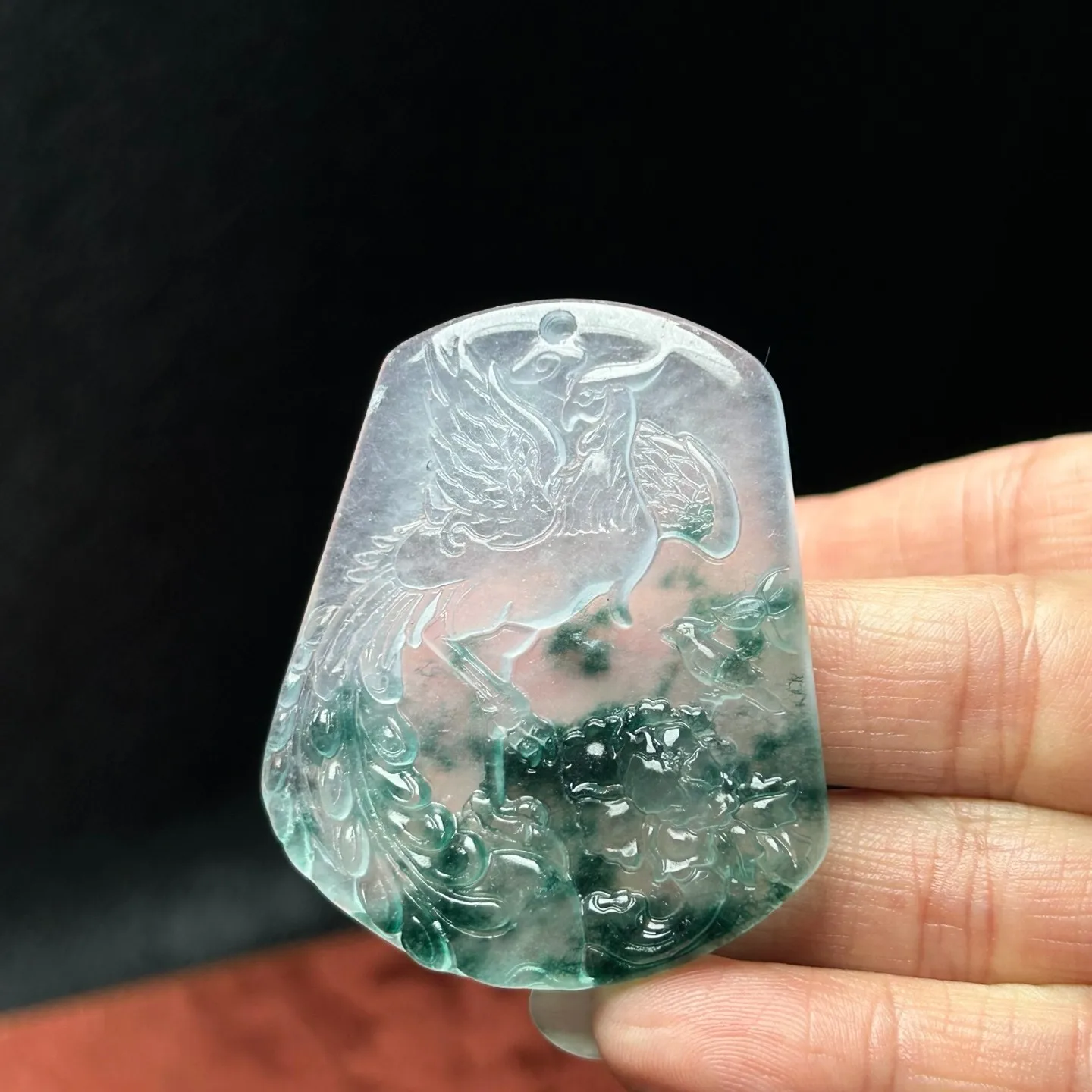 Nature ice green Burmese Jade Jadeite Carved phoenix peony luck Pendant&Necklace