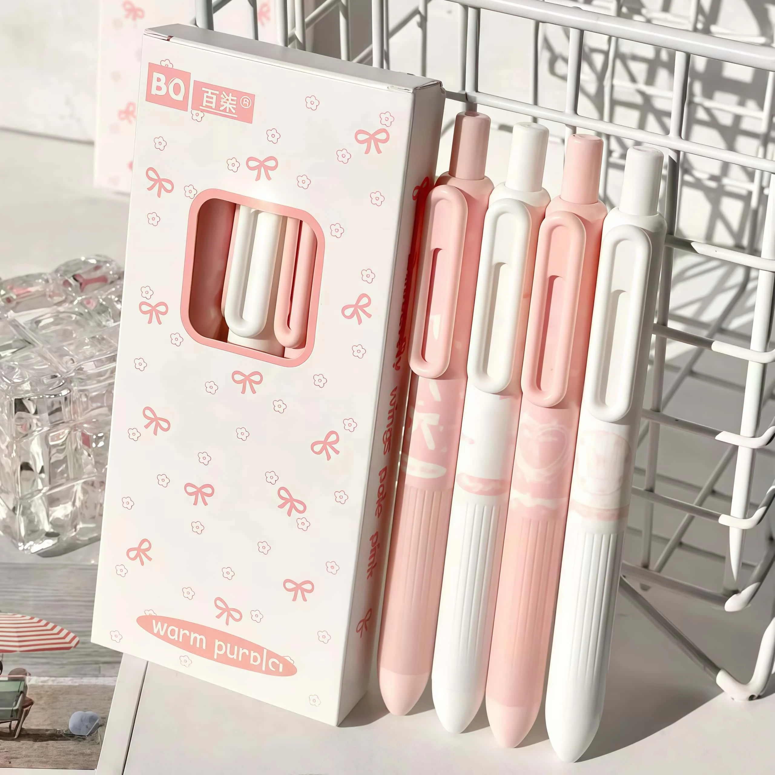 4Pcs Pink White Bow Print Gel Pen Set, Retractable 0.5mm Fine Point Smooth Writing Pens for Journal Office Stationery Gift