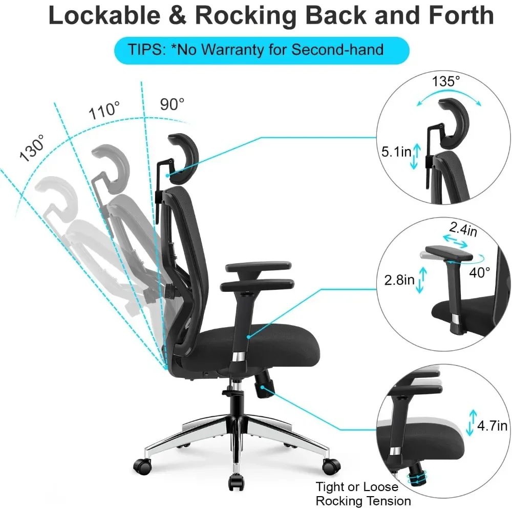 Ergonômico |   Cadeira de escritório - Cadeira de mesa com encosto alto e ajustável | Apoio lombar, encosto de cabeça e apoio de braço de metal 3D - 130 °   Malha de balanço