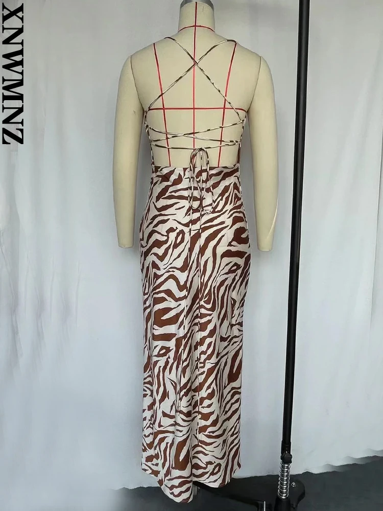 XNWMNZ New women fashion Zebra Stripe Print satin midi dress female vintage sexy cross thin straps backless long summer dresses