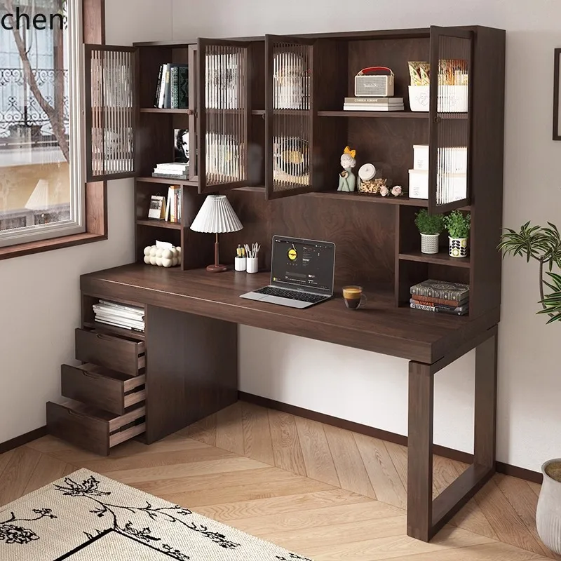 Solid Wood Desk and Bookshelf Integrated Wall-Mounted Workbench Writing Office Desk Study Computer Desk with Drawers