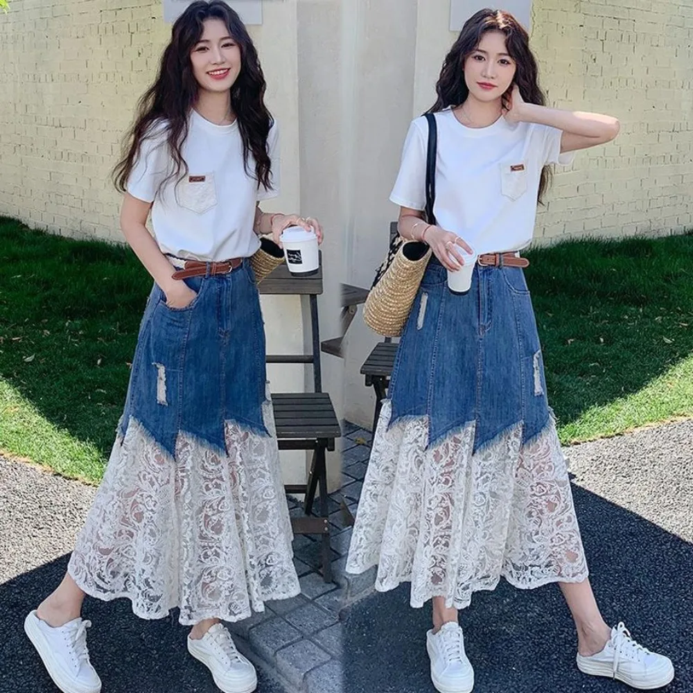 

New Summer Short-Sleeve Lace Patchwork Denim Skirt Two-Piece Set Women Outfit Festival Outfit Y2k T-shirt Long Denim Skirt Sets