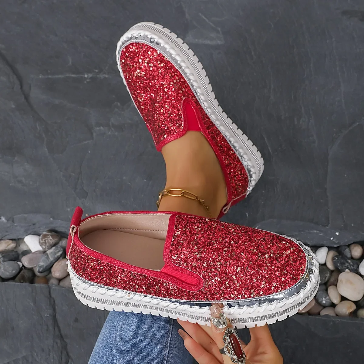 New 5 Color Women Rhinestone Crystal Platform Casual Loafer Shoes Slip-on Women Flats Luxury Comfortable Girls Sneakers Size 44